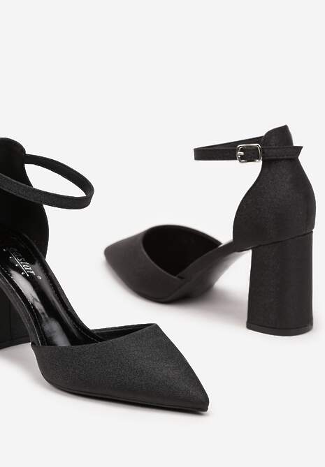 Czarne Brokatowe Czółenka na Słupku Loresi