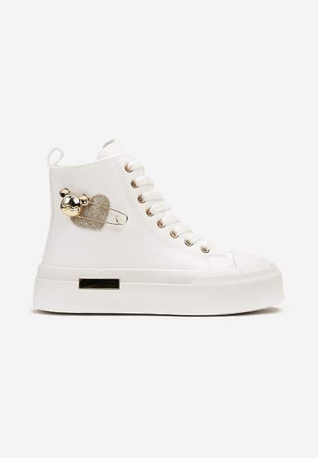 Białe Trampki z Wysoką Cholewką na Platformie Wykończone Brokatową Broszką Terilaina