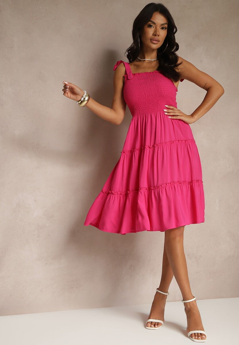 Fioletowa Sukienka z Wiskozą o Rozkloszowanym Kroju na Ramiączkach z Wiązaniem Aranive