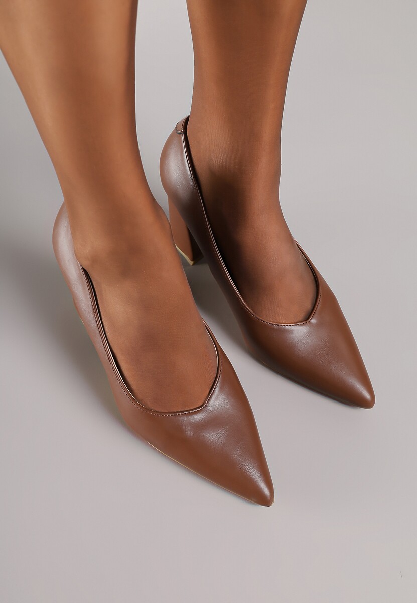 Brązowe Czółenka Vices na Geometrycznym Słupku ze Skórzaną Wkładką Modvire