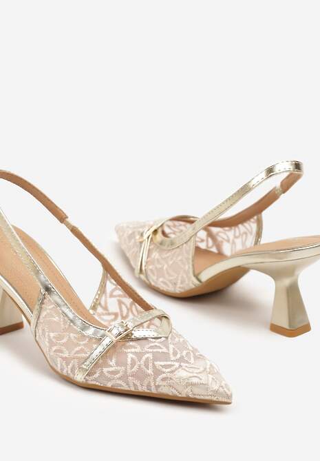 Złote Sandały Vices na Obcasie z Haftowanej Siateczki Telaniriel