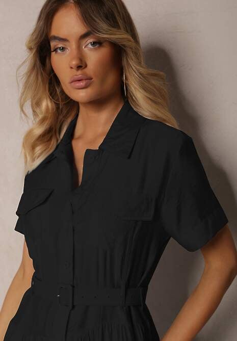 Czarna Rozkloszowana Sukienka z Paskiem w Talii Vimalise