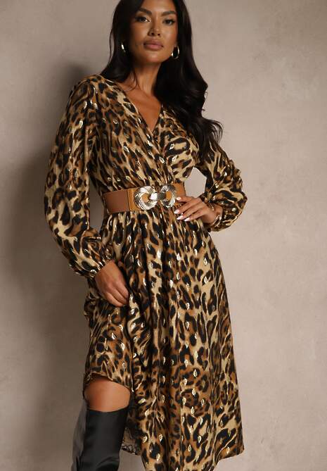 Brązowa Sukienka z Wiskozą o Kopertowym Kroju z Paskiem i Gumką w Talii w Panterkę Hannira