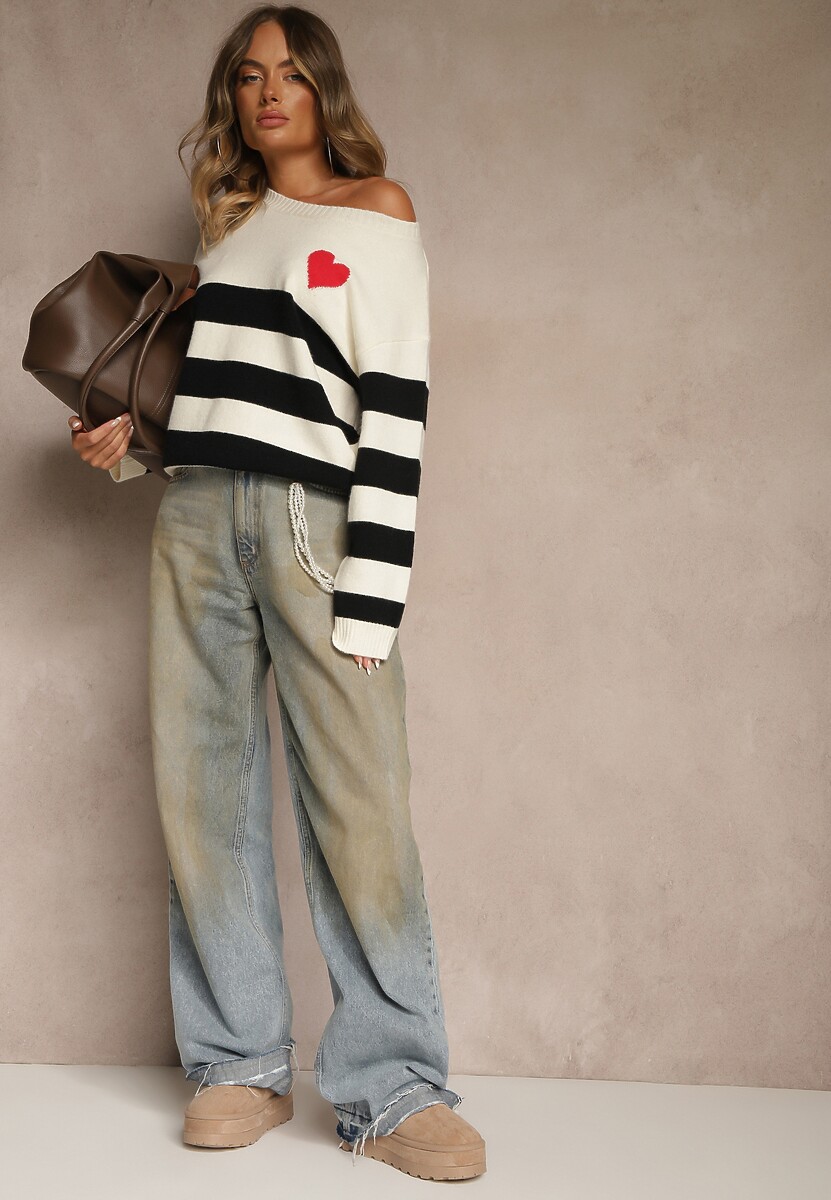 Jasnobeżowy Prosty Sweter z Domieszką Kaszmiru Zdobiony Wzorem w Pasy Tarvane