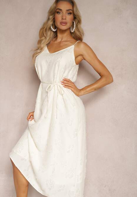 Beżowa Sukienka o Trapezowym Fasonie na Ramiączkach z Koralikami i Perełkami Dimza