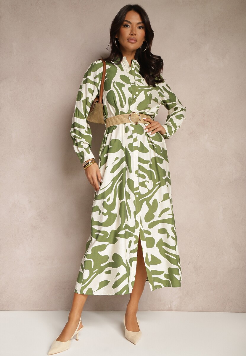 Czarna Sukienka z Wiskozą o Koszulowym Kroju z Plecionym Paskiem Faledina