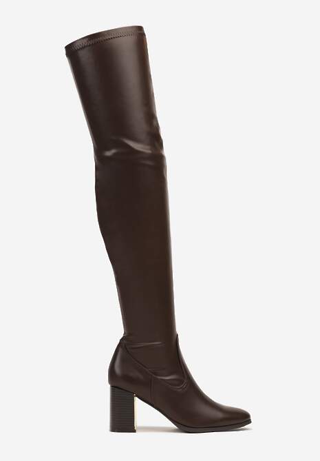 Brązowe Kozaki za Kolano na Słupku z Metaliczną Wstawką Vioeln