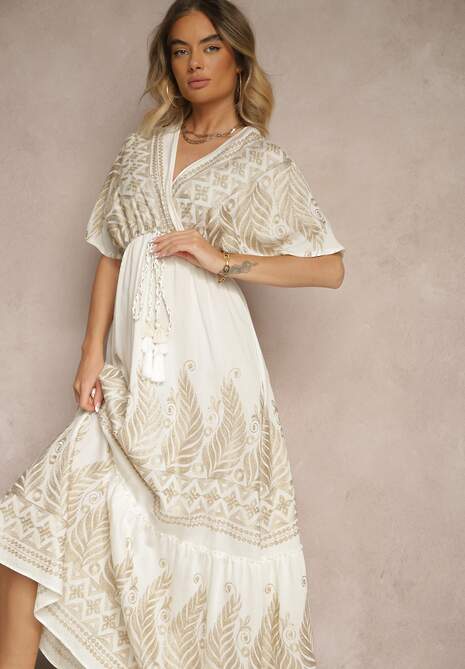 Jasnobeżowa Wiskozowa Sukienka Kopertowym Dekoltem i Frędzlami Redevie