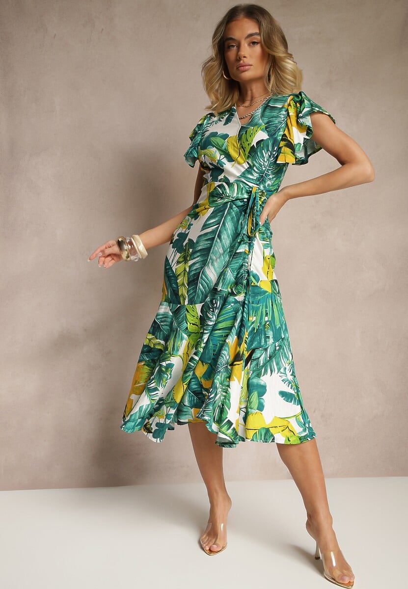 Zielona Sukienka o Rozkloszowanym Kroju z Wiązaniem z Motywem Roślinnym Janiraena