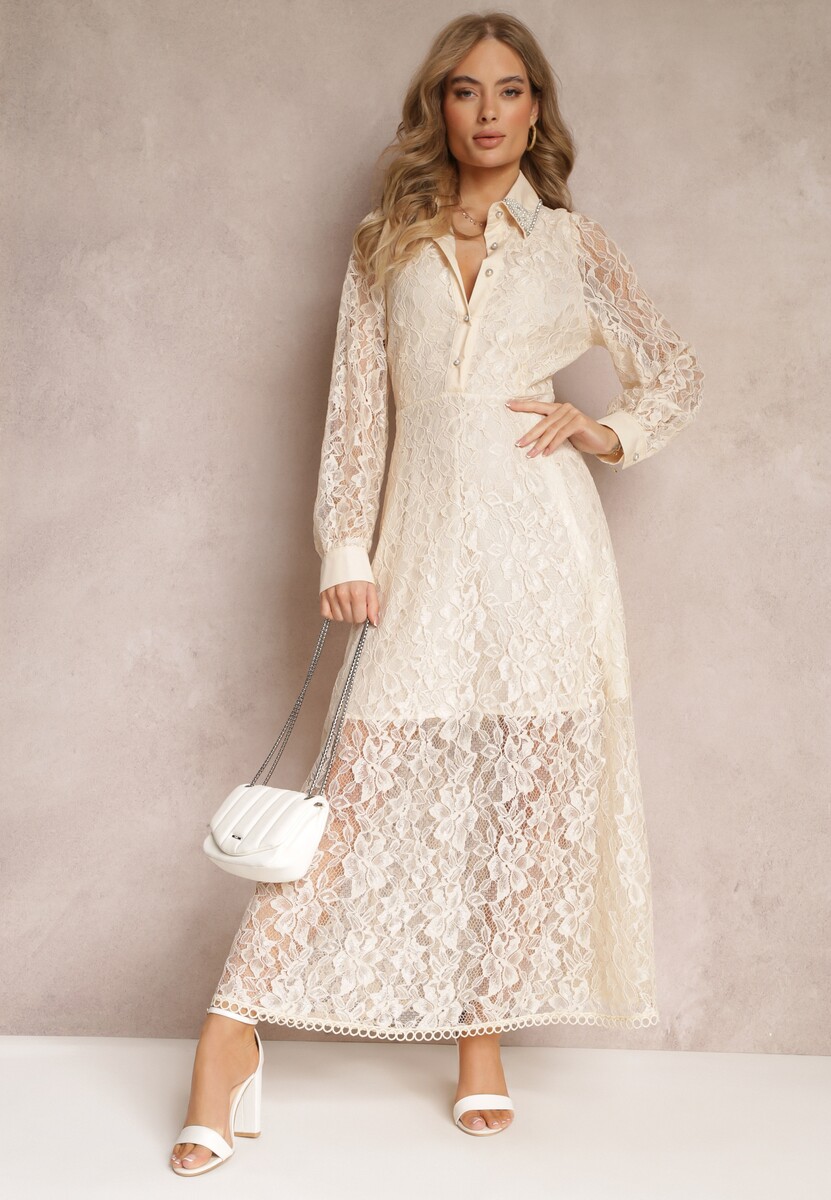 Beżowa Koszulowa Sukienka Maxi z Ozdobnymi Guzikami i Cyrkoniami z Koronkowej Tkaniny Armina