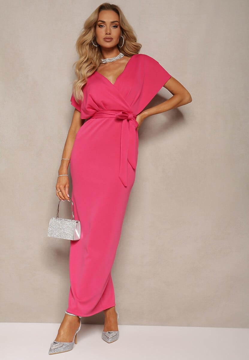 Zielona Sukienka Koktajlowa z Trójkątnym Dekoltem i Materiałowym Paskiem z Rozcięciem Wilni