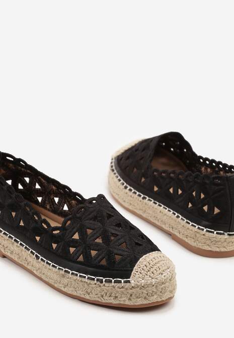 Czarne Ażurowe Espadryle na Płaskiej Plecionej Podeszwie Sepanisse