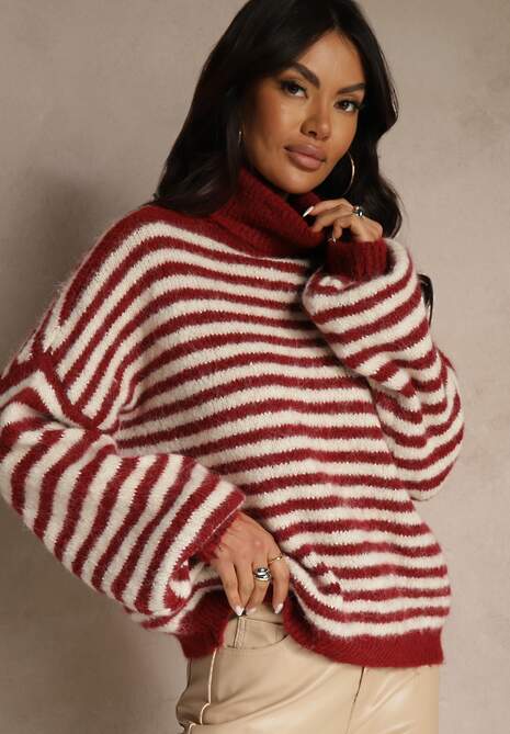 Bordowy Golf z Dodatkiem Wełny Ozdobiony Paskami Monarria