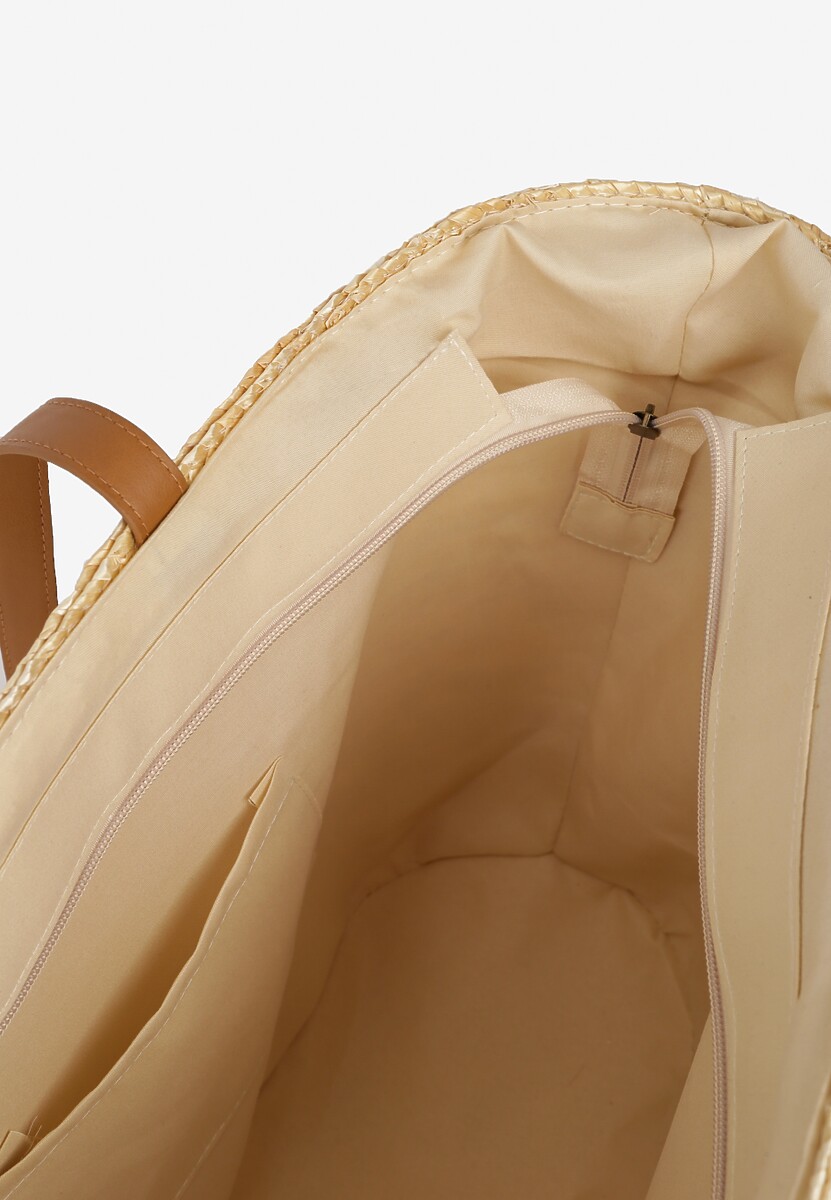 Beżowa Trapezowa Torebka Pleciona z Cekinami i Krótkimi Frędzlami Timaprre