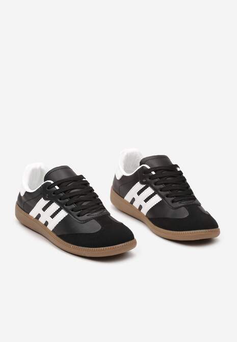 Czarno-Białe Casualowe Sznurowane Sneakersy na Płaskiej Podeszwie z Paskami po Bokach Weiara