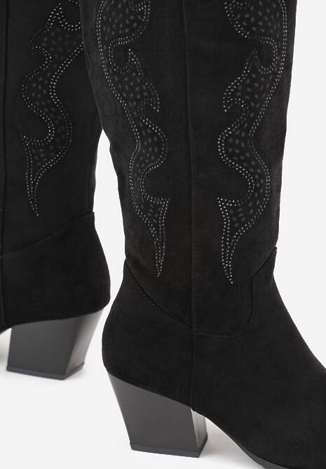 Czarne Kozaki Kowbojki na Stożkowym Obcasie Zdobione Cyrkoniami Nalasania