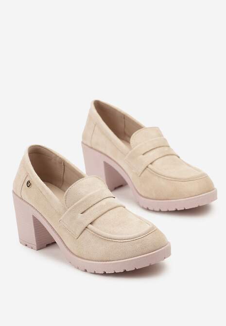 Beżowe Półbuty Mokasyny z Ekozamszu na Słupku i Platformie Andarco