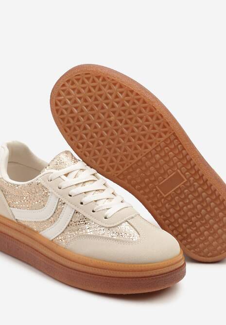 Beżowe Wężowe Sneakersy Typu Kultowe Tenisówki na Niskiej Platformie Olritia