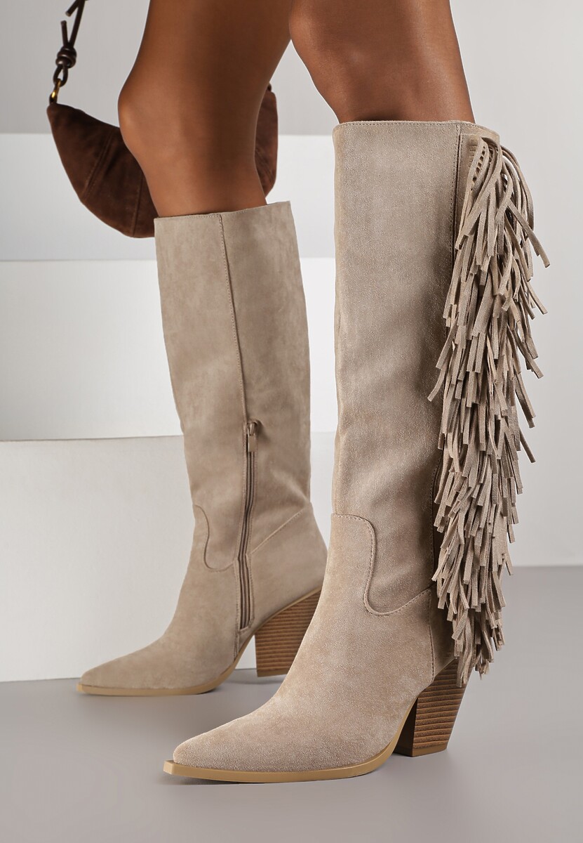 Ciemnobrązowe Kozaki Kowbojki z Imitacji Zamszu z Frędzlami i Stożkowym Obcasem Rafilea