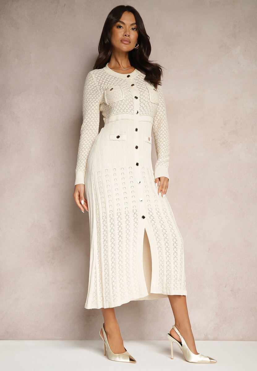 Beżowa Dzianinowa Sukienka Ażurowa z Metalicznymi Napami Maviore