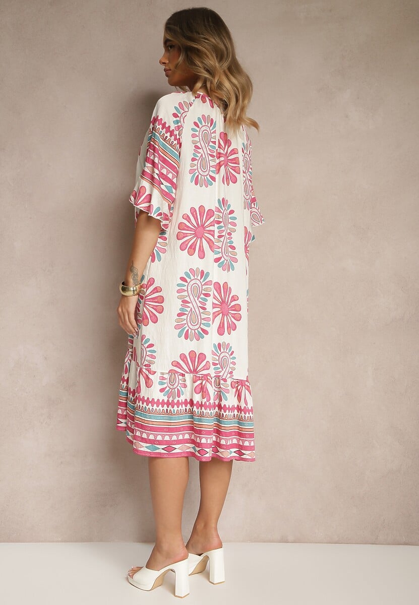 Różowa Pudełkowa Sukienka z Wiskozy w Abstrakcyjny Wzór Revirelle