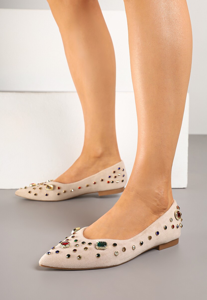 Ciemnobeżowe Balerinki z Ozdobnymi Kamykami Ulirella