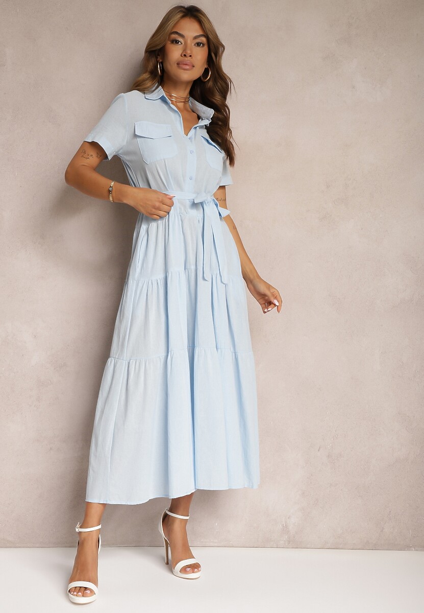 Biała Rozkloszowana Bawełniana Sukienka o Kroju Koszulowym Wiązana w Pasie Arosofia