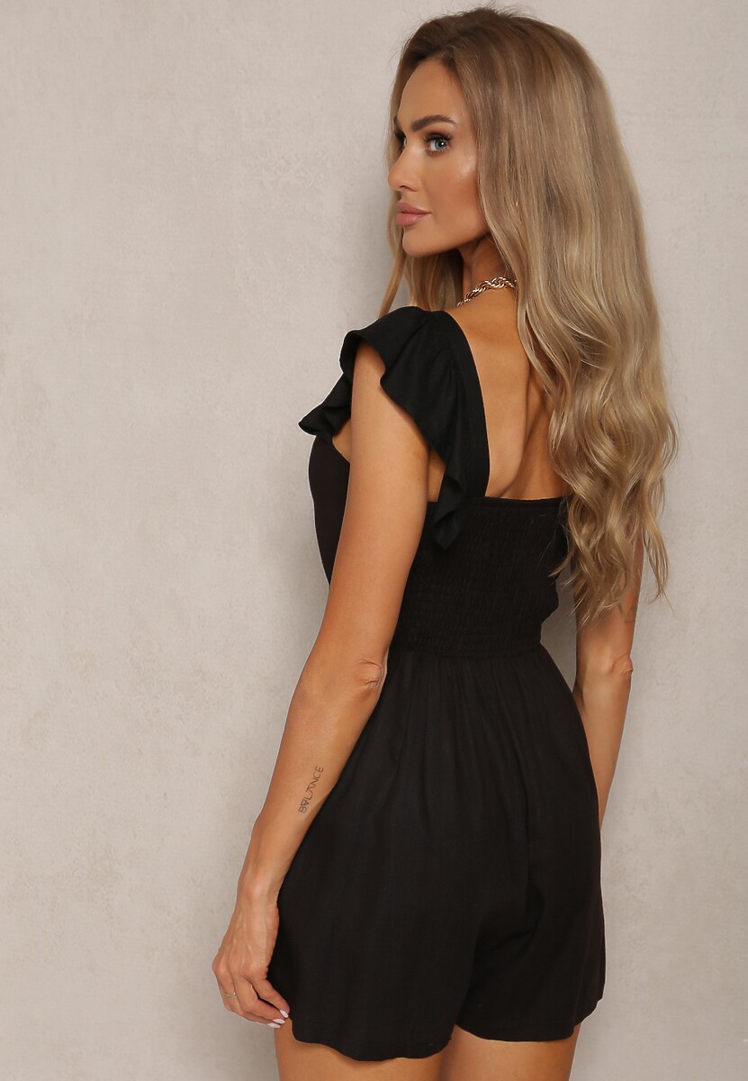 Czarny Bawełniany Kombinezon na Ramiączkach Ozdobionych Falbanką z Kwadratowym Dekoltem Oladia