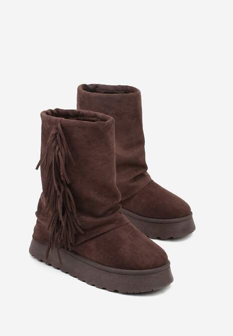 Brązowe Botki Śniegowce z Wywiniętą Cholewką Zdobioną Frędzlami Sewela