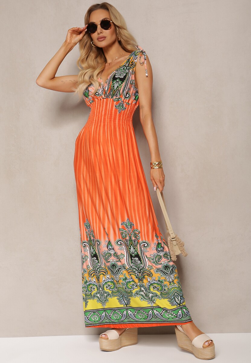 Pomarańczowa Rozkloszowana Sukienka z Trójkątnym Dekoltem i Ściągaczami w Ramionach Aneapmia