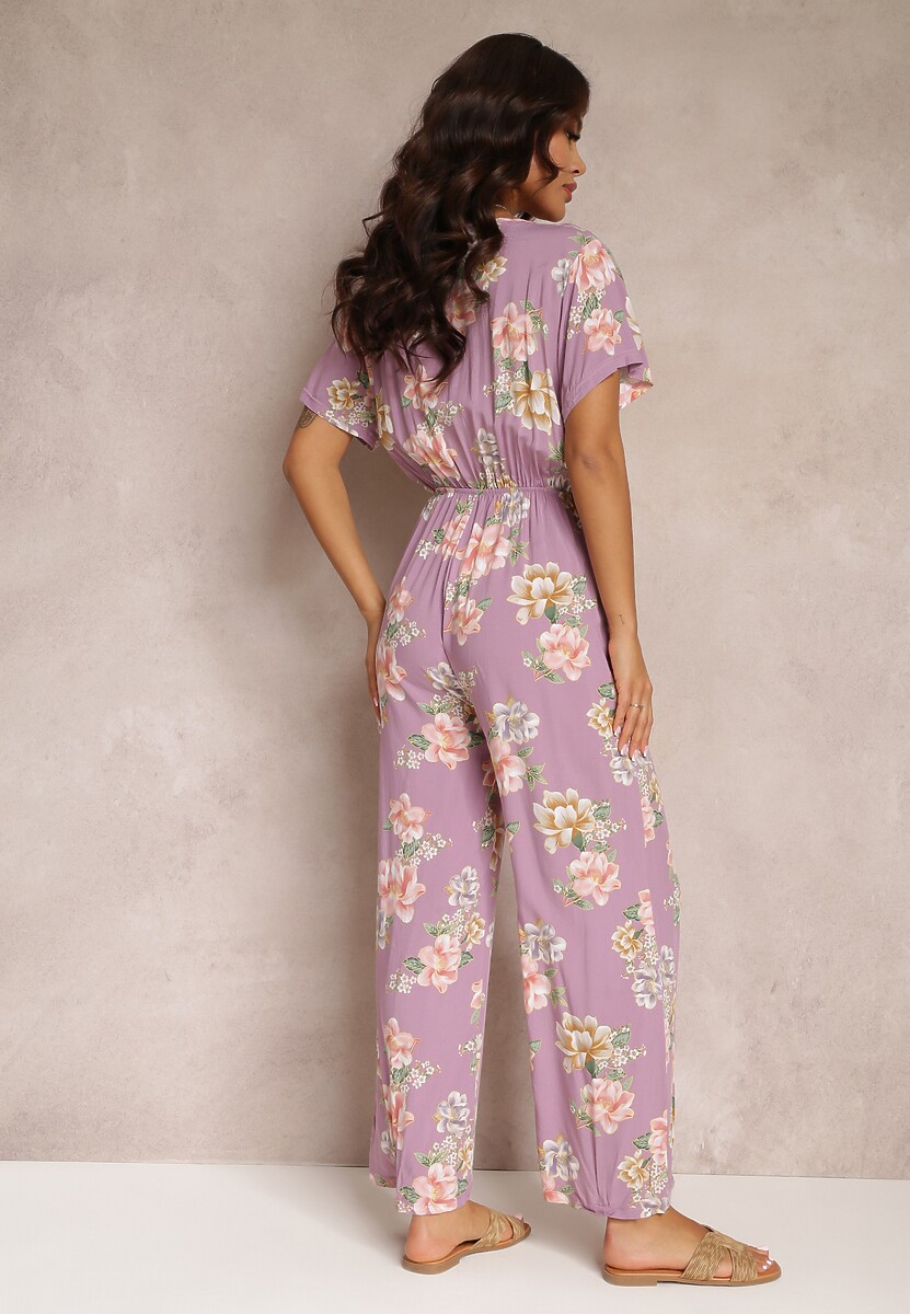 Różowy Kopertowy Kombinezon w Kwiaty z Gumką w Talii  Jazila