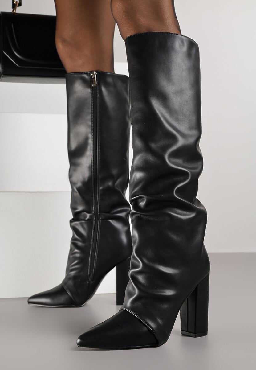 Bordowe Marszczone Kozaki na Słupkowym Obcasie z Noskiem w Szpic Badara