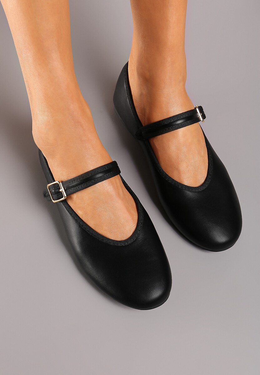 Czarne Balerinki na Płaskiej Podeszwie Mary Jane ze Sprzączką Mevali