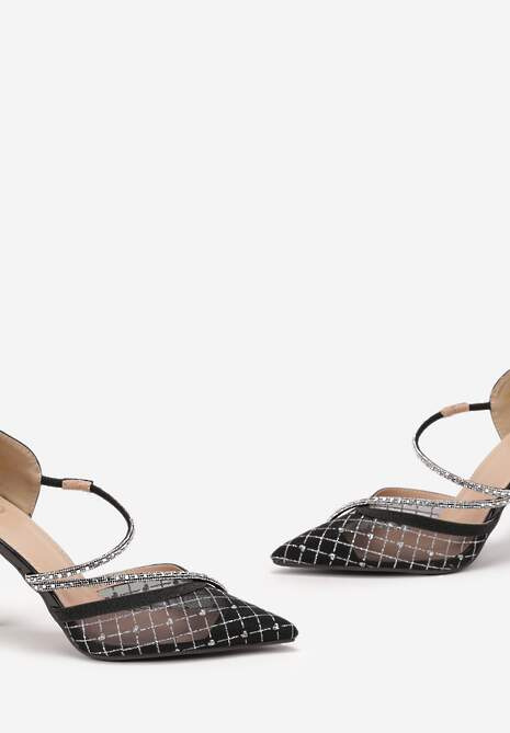 Czarne Brokatowe Szpilki z Paskami w Cyrkonie Vendre