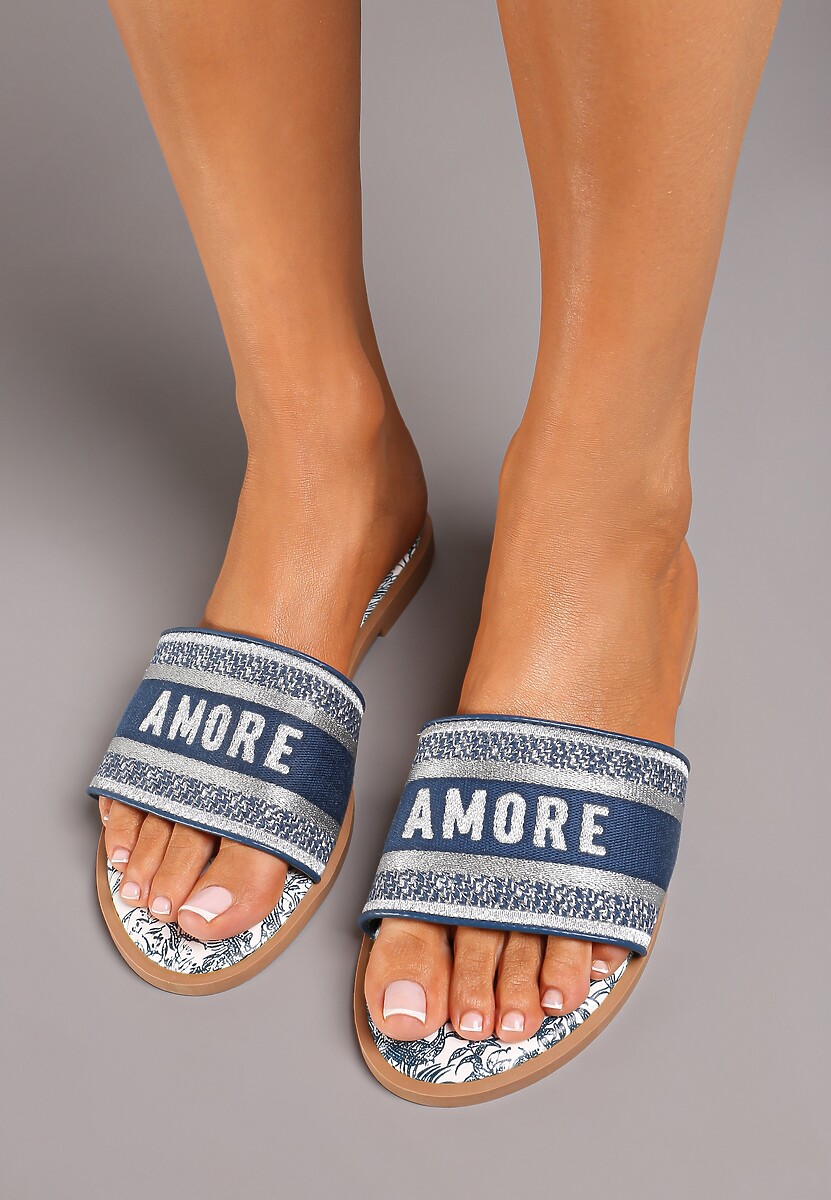 Niebieskie Klapki na Płaskiej Podeszwie z Wkładką z Imitacji Skóry i Metaliczną Nicią Muricella