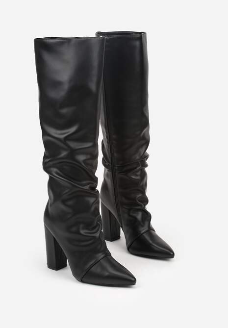 Czarne Marszczone Kozaki na Słupkowym Obcasie z Noskiem w Szpic Badara