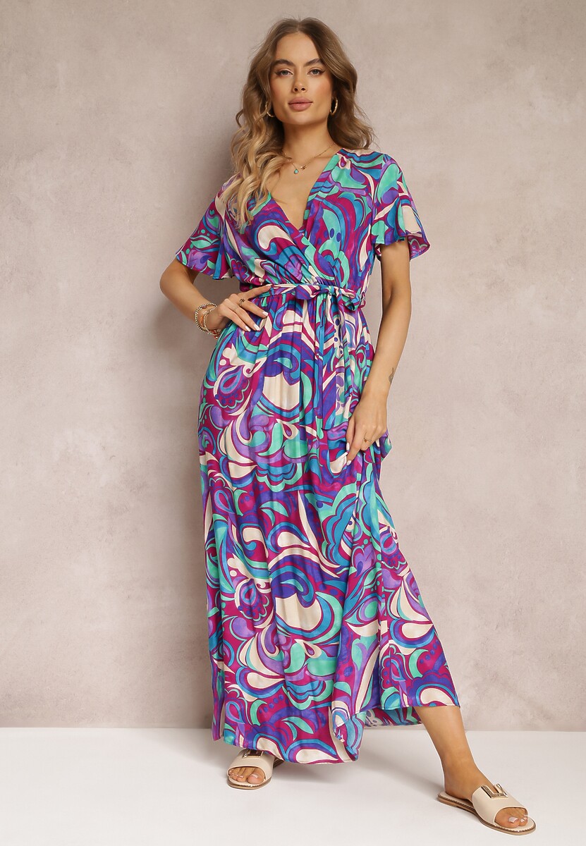 Fioletowa Wiskozowa Sukienka Maxi z Gumką w Talii i Materiałowym Paskiem Saramu