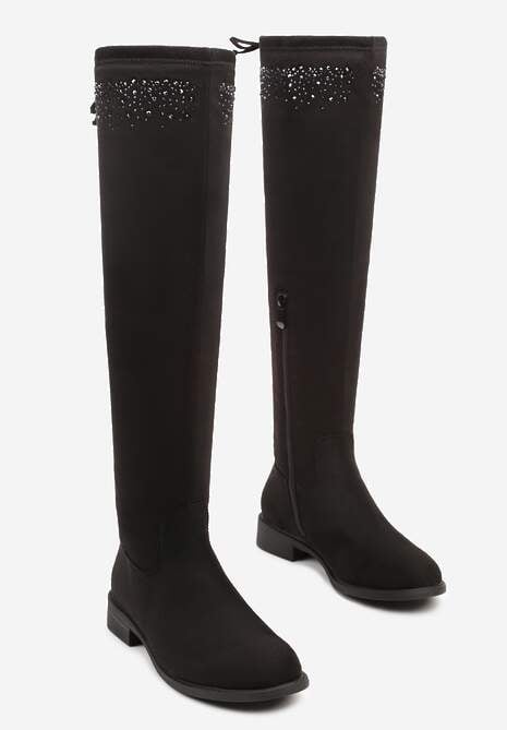 Czarne Kozaki Muszkieterki na Płaskiej Podeszwie Ozdobione Cyrkoniami i Sznurkiem Floralind