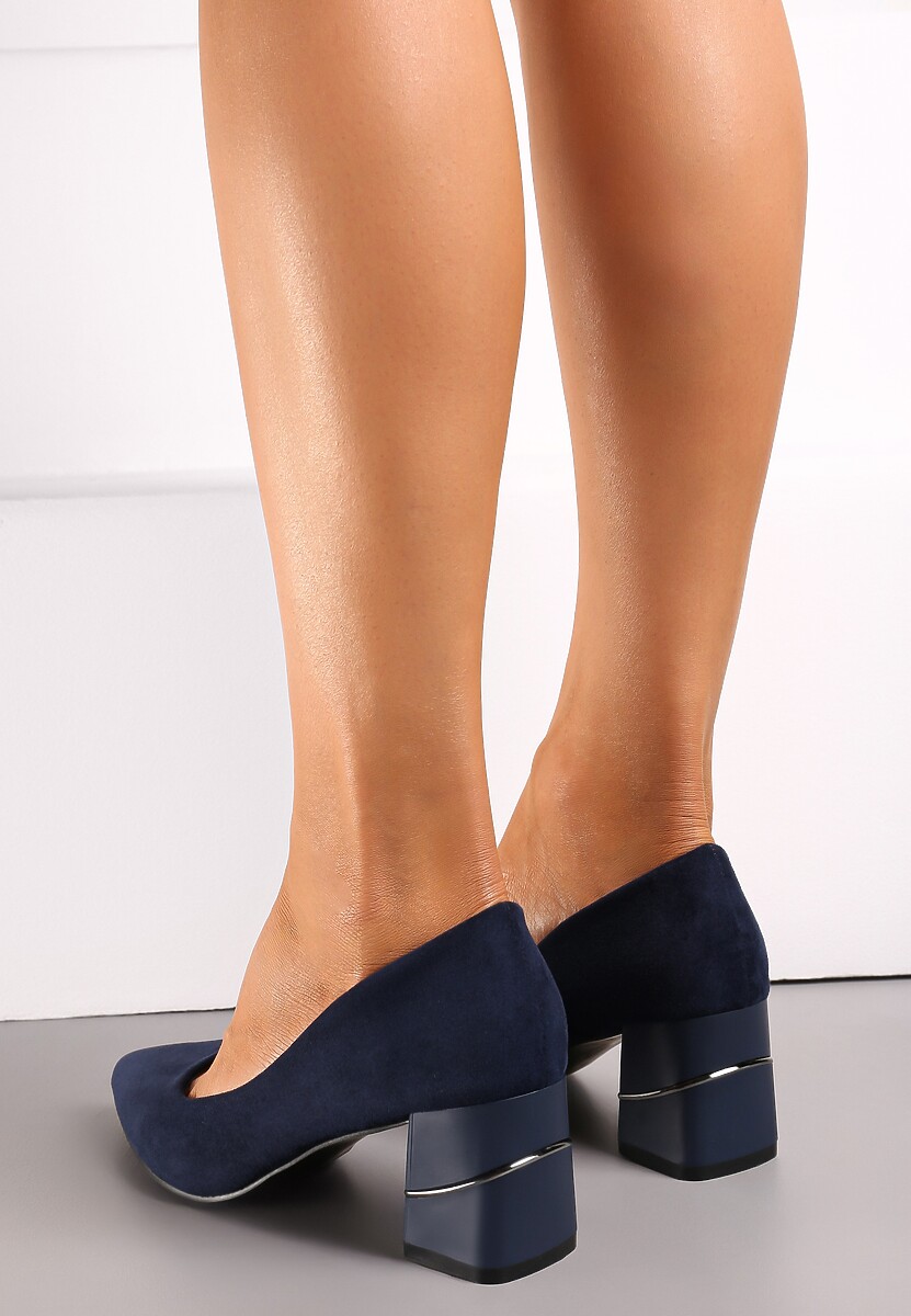 Niebieskie Czółenka z Ekozamszu na Słupku z Metaliczną Lamówką Amolna