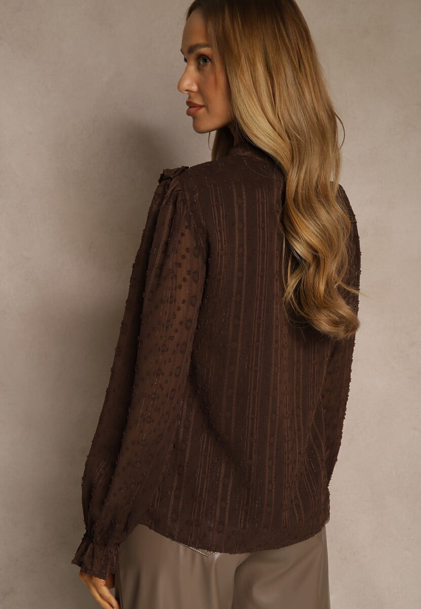 Brązowa Bluzka z Koronką i Falbankami Zdobiona Metalicznymi Przeszyciami Aliafera