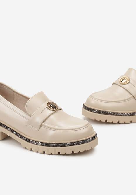 Beżowe Mokasyny z Cekinami wokół Podeszwy i Złotą Klamrą Elorasia