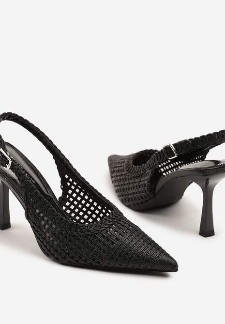 Czarne Sandały na Szpilce Typu Slingback Ozdobione Plecionką Meranoria