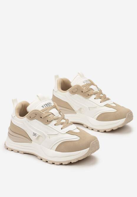 Beżowe Sneakersy z Ekoskóry ze Sznurowaniem i Ozdobnymi Naszywkami Ocellia