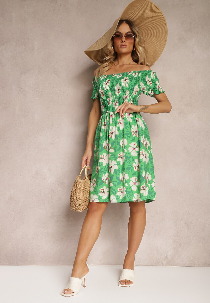Zielona Rozkloszowana Sukienka Hiszpanka z Gumką w Talii w Kwiaty Nametris