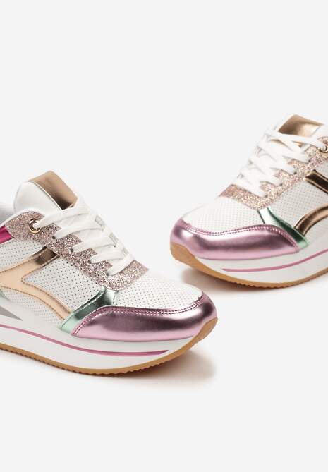 Biało-Różowe Sneakersy na Grubej Podeszwie w Paski Zdobione Brokatem Selarissa