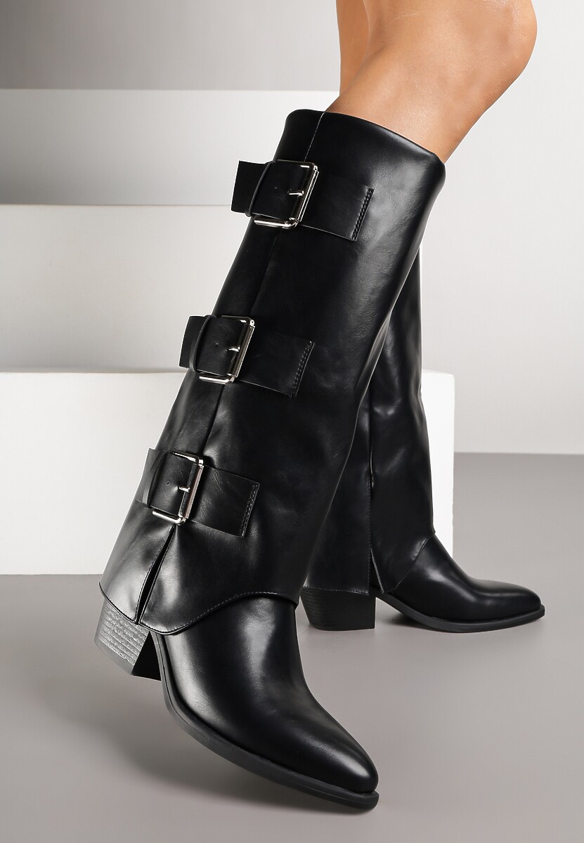 Czarne Kozaki na Słupku Kowbojki Ozdobione Metaliczną Aplikacją i Wywiniętą Cholewką Latareia