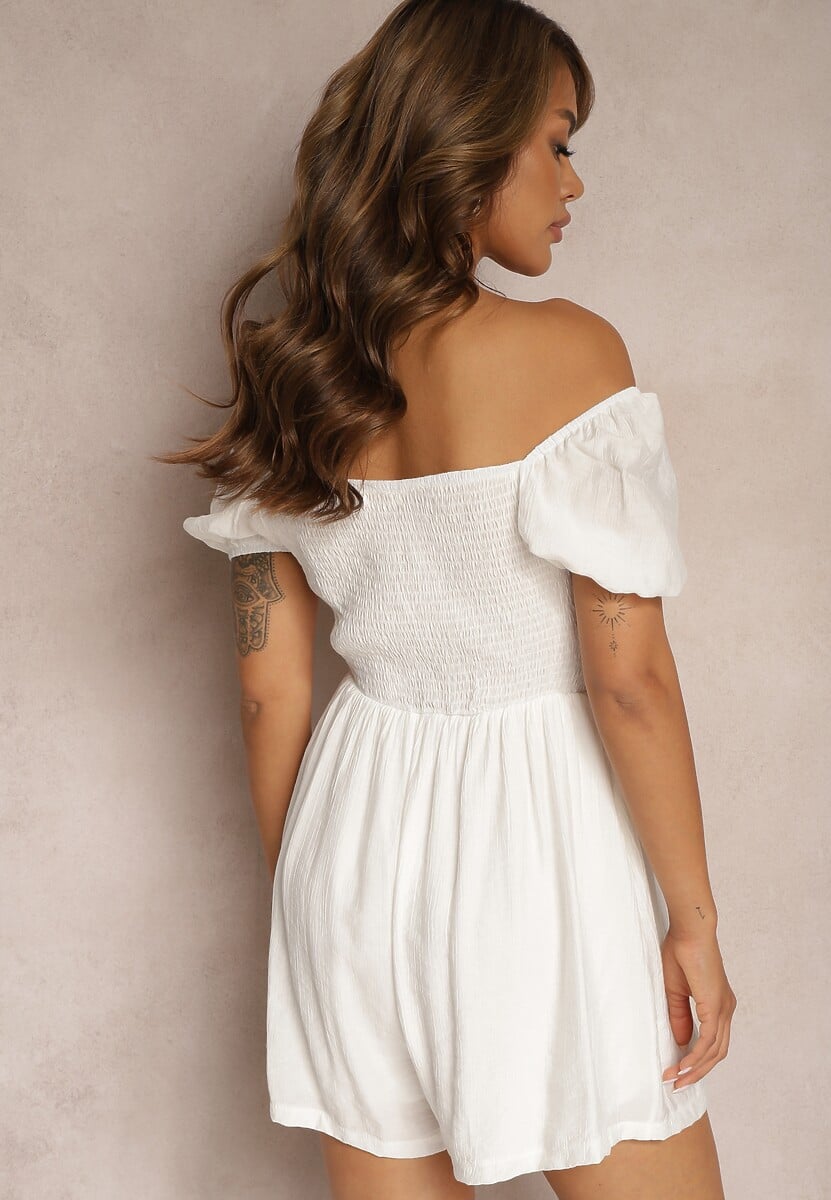 Biały Wiskozowy Letni Kombinezon z Krótkim Rękawem i Kwadratowym Dekoltem Geviana