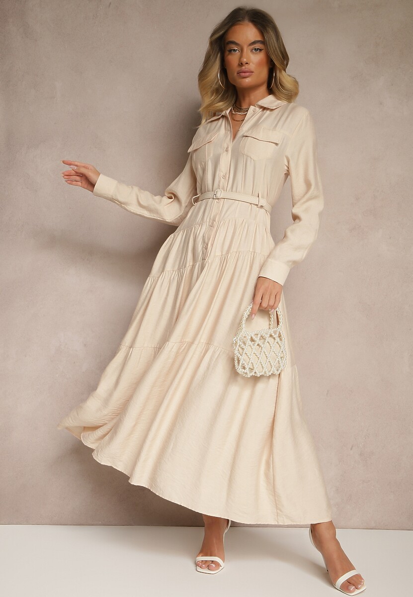 Beżowa Rozkloszowana Sukienka z Wiskozy z Guzikami i Paskiem Ronesa