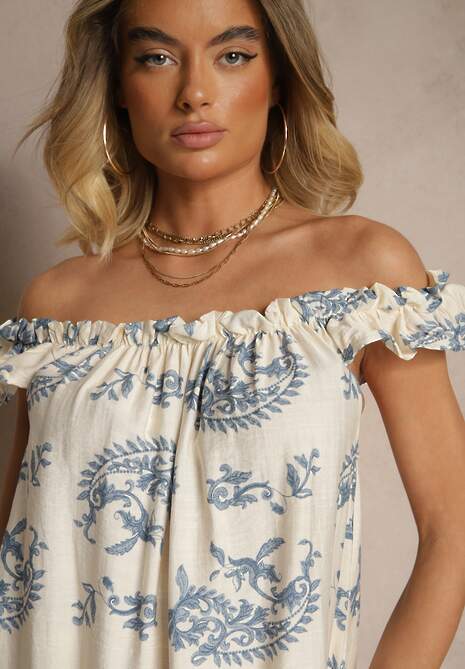 Niebieska Sukienka z Wiskozą Ozdobiona Falbanką Ellitne