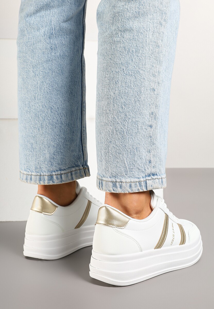 Biało-Złote Sneakersy w Stylu Kultowych Tenisówek na Grubej Podeszwie Agerla